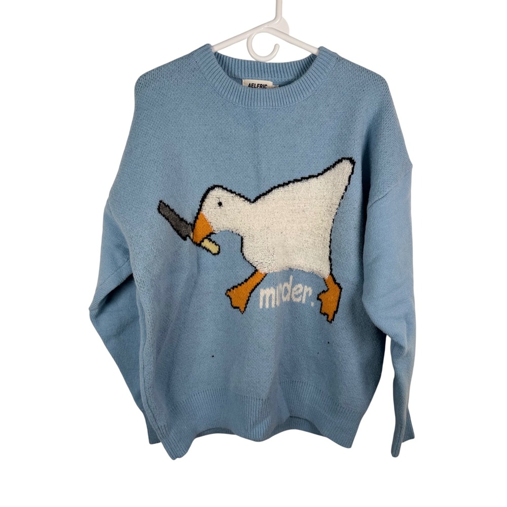 Aelfric Eden Murder Goose Knife Sweater Light Blue Large Meme Graphic Knit